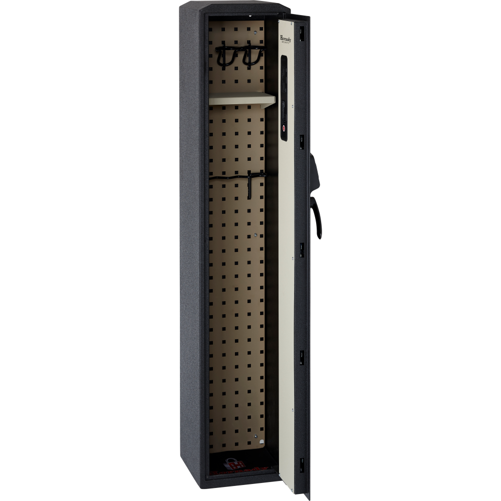 Hornady RAPiD Safe Compact Ready Vault with the door open, showing the pegboard interior, shelf and racks